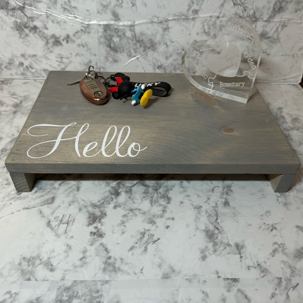 Small lift stand, grey stain for desk or decor